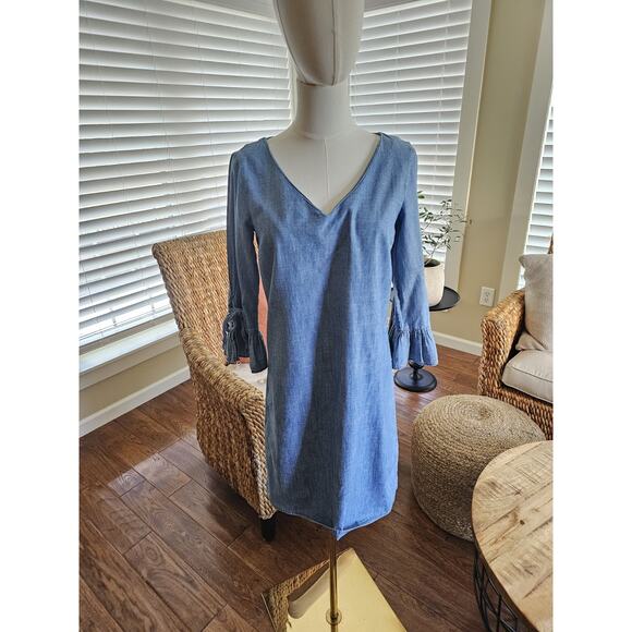 J. Crew Chambray 3/4 Length Ruffle Flare Dress Women's Size 0 Shift Coastal - Picture 1 of 11